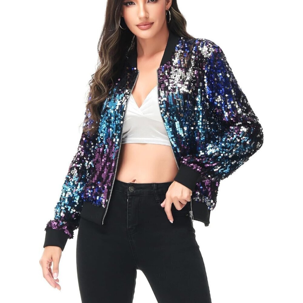 Brand New Women Midnight Blue Polyester  Sequin Bomber Jacket Ribbed Cuffs